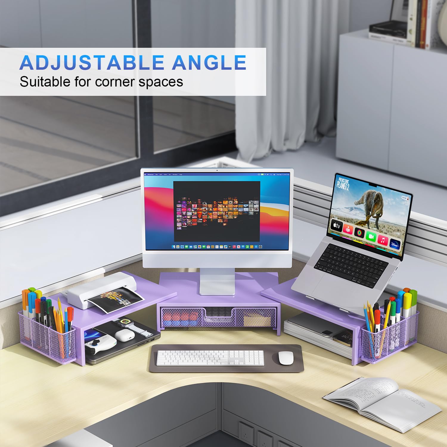 gianotter Dual Monitor Stand Riser, Desk Organizer With Drawer and 2 Pen Holders, Computer Monitor Stand, Desk Shelf for Top of Desk, Balck