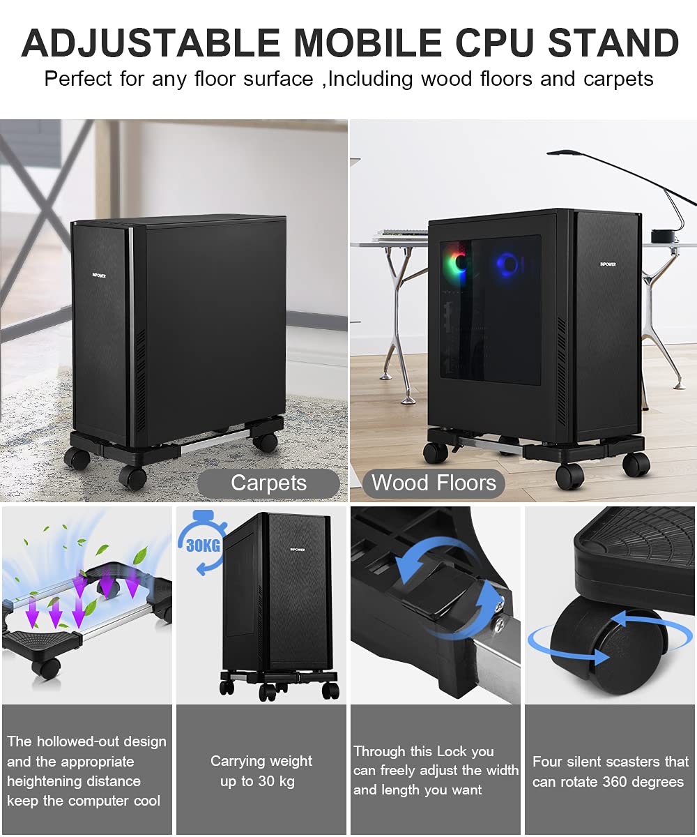 Computer Tower Stand, Adjustable Mobile CPU Stand with Rolling Caster Wheels, Premium PC Tower Stand Holder for Floor Carpet Gaming PC Case(YOSE)
