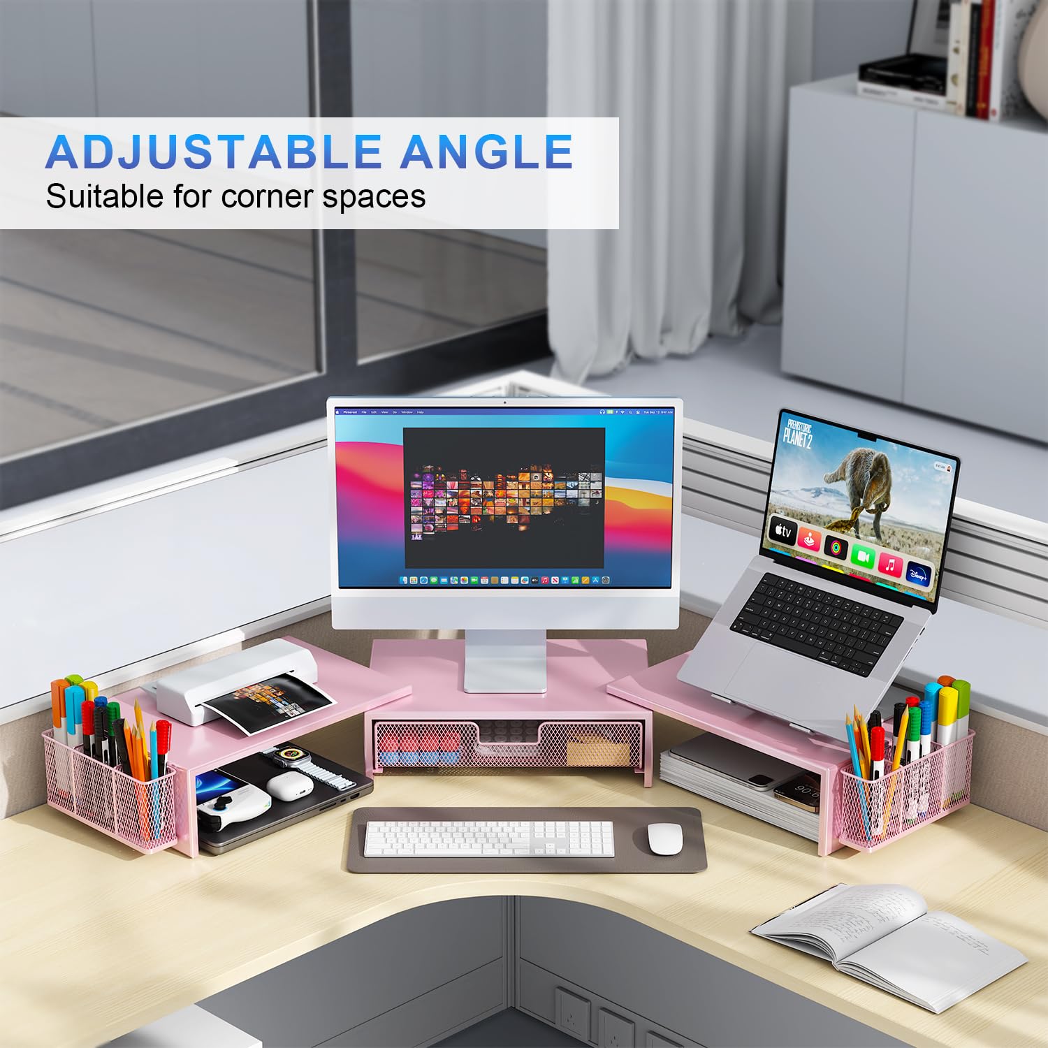 gianotter Dual Monitor Stand Riser, Desk Organizer With Drawer and 2 Pen Holders, Computer Monitor Stand, Desk Shelf for Top of Desk, Balck
