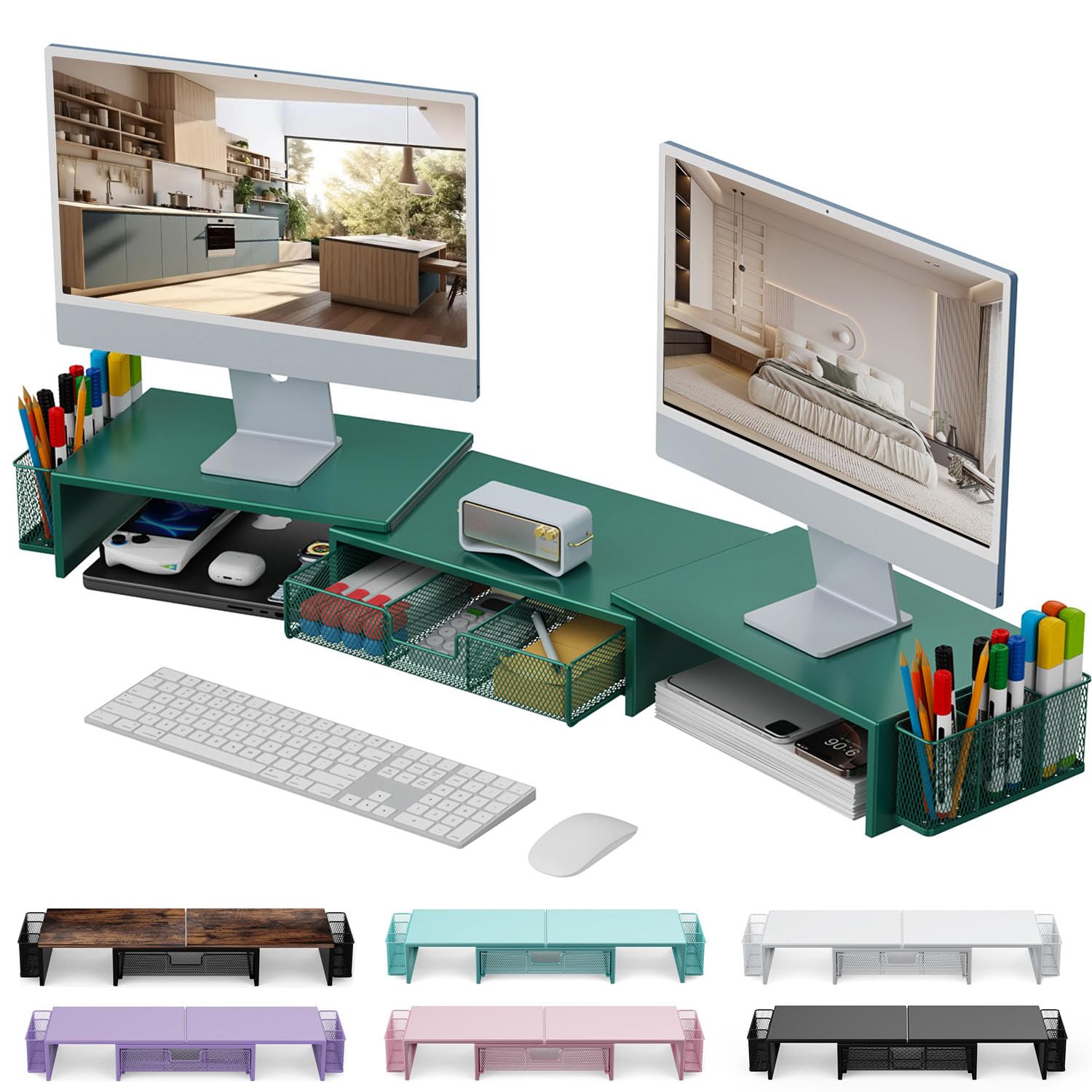 gianotter Dual Monitor Stand Riser, Desk Organizer With Drawer and 2 Pen Holders, Computer Monitor Stand, Desk Shelf for Top of Desk, Balck