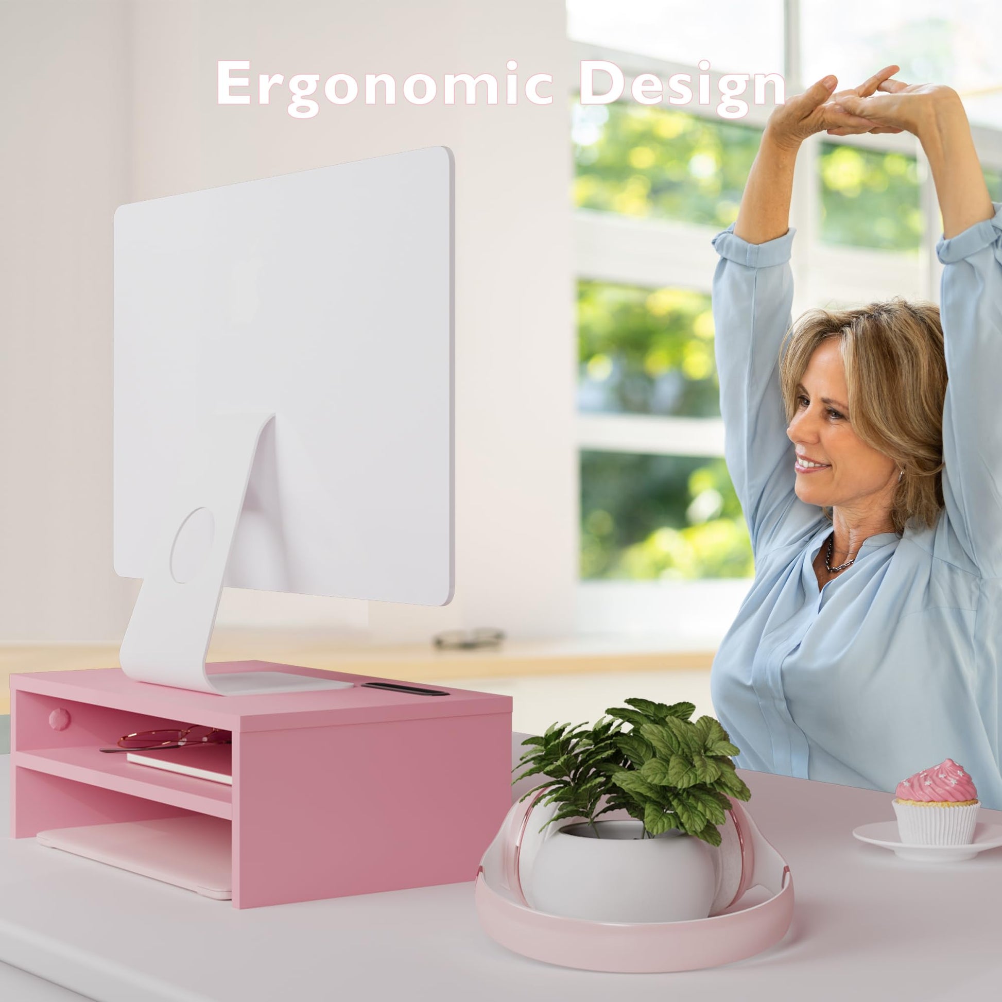 BONTEC Monitor Stand Riser White, 2 Tiers Wood Monitor Riser Stand with Storage Organizer, Desktop Ergonomic Monitor Stand Riser with Cellphone Holder and Cable Management, 16.5 Inch Desk Shelf