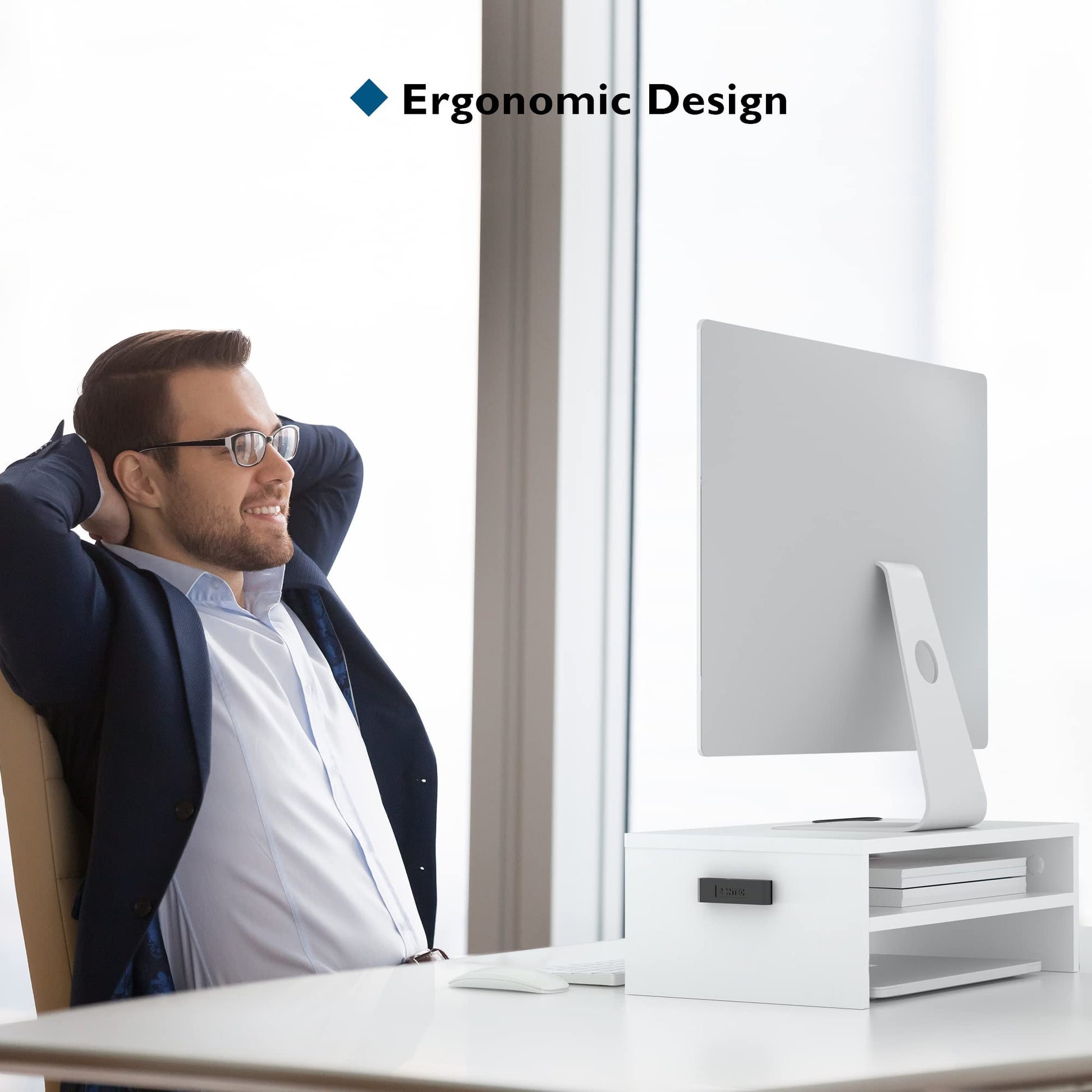 BONTEC Monitor Stand Riser White, 2 Tiers Wood Monitor Riser Stand with Storage Organizer, Desktop Ergonomic Monitor Stand Riser with Cellphone Holder and Cable Management, 16.5 Inch Desk Shelf