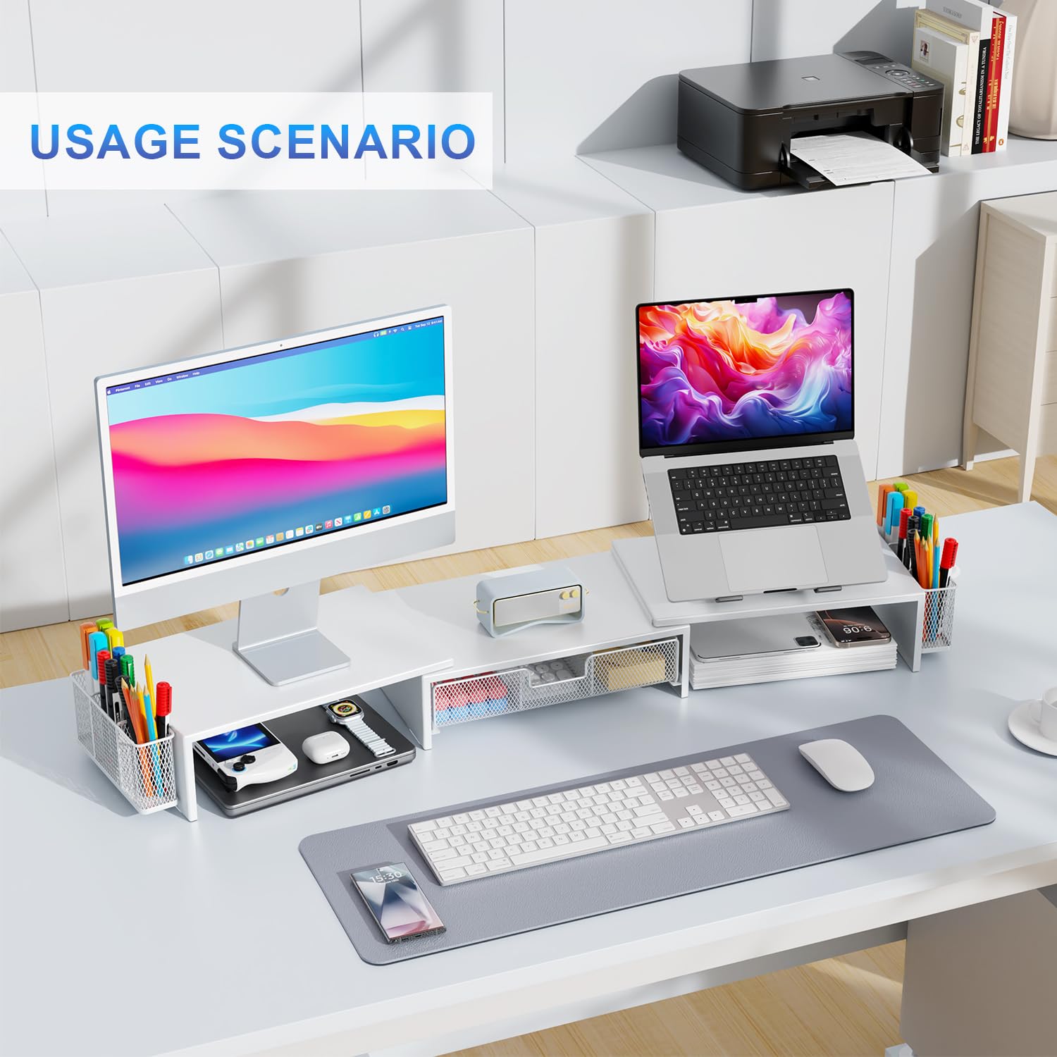 gianotter Dual Monitor Stand Riser, Desk Organizer With Drawer and 2 Pen Holders, Computer Monitor Stand, Desk Shelf for Top of Desk, Balck