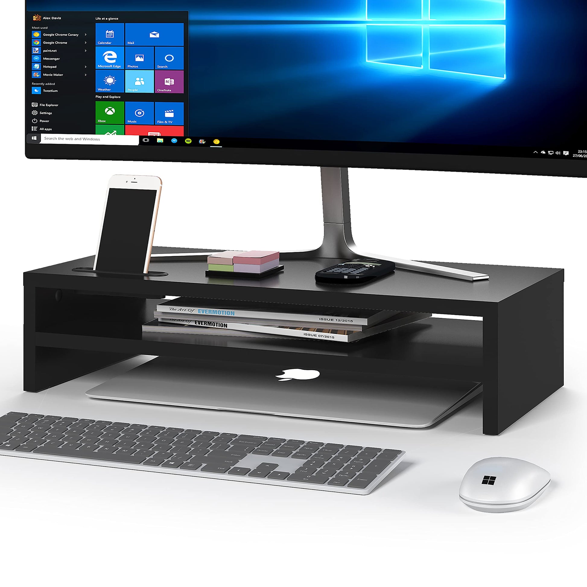 BONTEC Monitor Stand Riser White, 2 Tiers Wood Monitor Riser Stand with Storage Organizer, Desktop Ergonomic Monitor Stand Riser with Cellphone Holder and Cable Management, 16.5 Inch Desk Shelf
