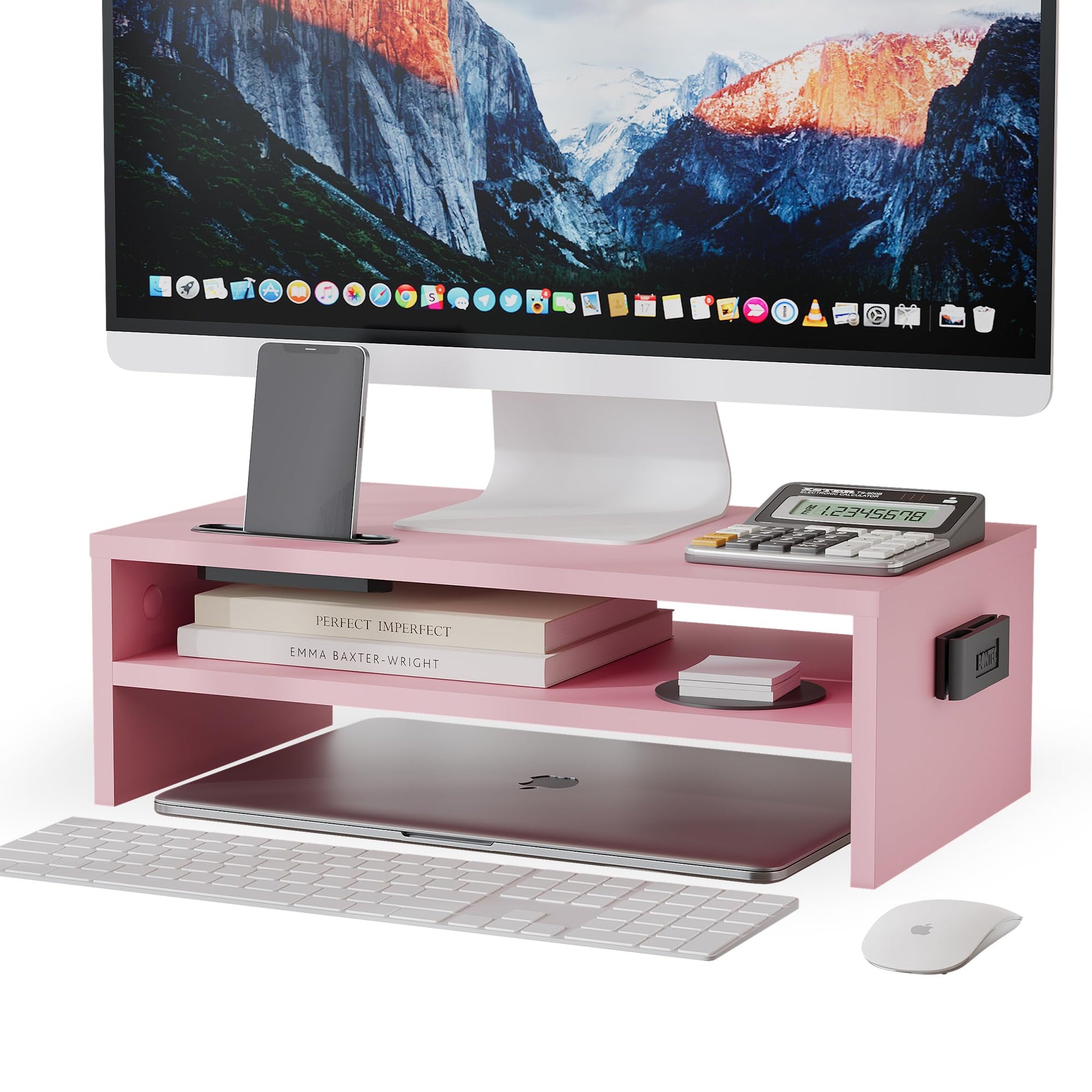 BONTEC Monitor Stand Riser White, 2 Tiers Wood Monitor Riser Stand with Storage Organizer, Desktop Ergonomic Monitor Stand Riser with Cellphone Holder and Cable Management, 16.5 Inch Desk Shelf
