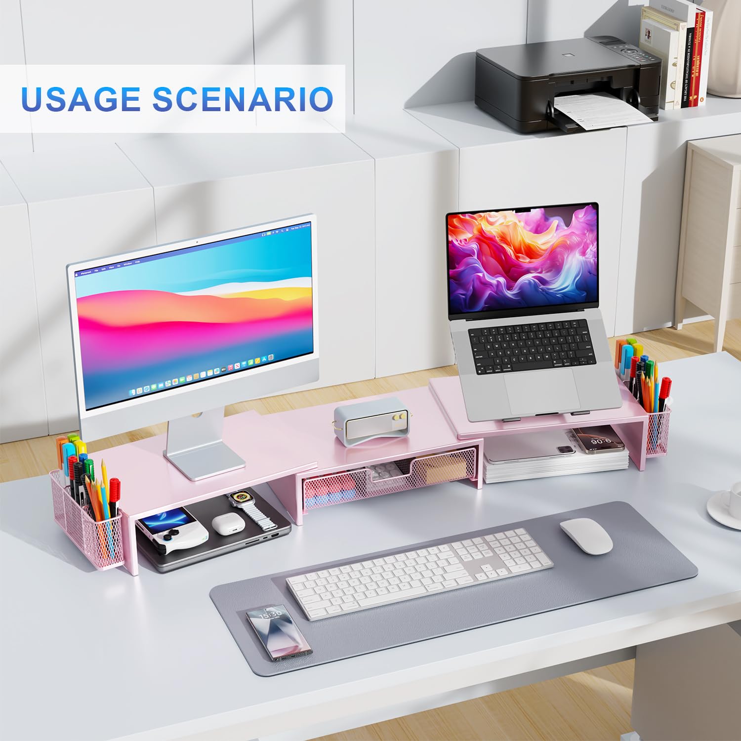 gianotter Dual Monitor Stand Riser, Desk Organizer With Drawer and 2 Pen Holders, Computer Monitor Stand, Desk Shelf for Top of Desk, Balck