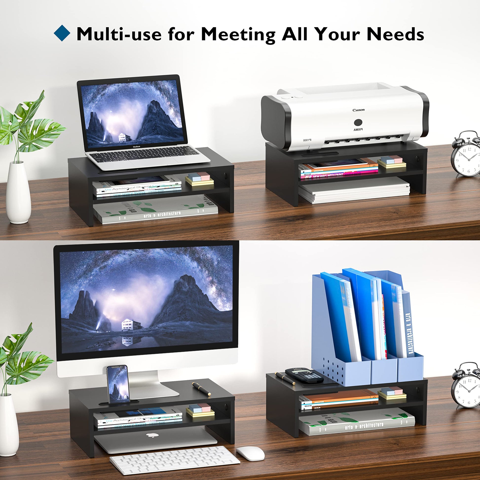 BONTEC Monitor Stand Riser White, 2 Tiers Wood Monitor Riser Stand with Storage Organizer, Desktop Ergonomic Monitor Stand Riser with Cellphone Holder and Cable Management, 16.5 Inch Desk Shelf