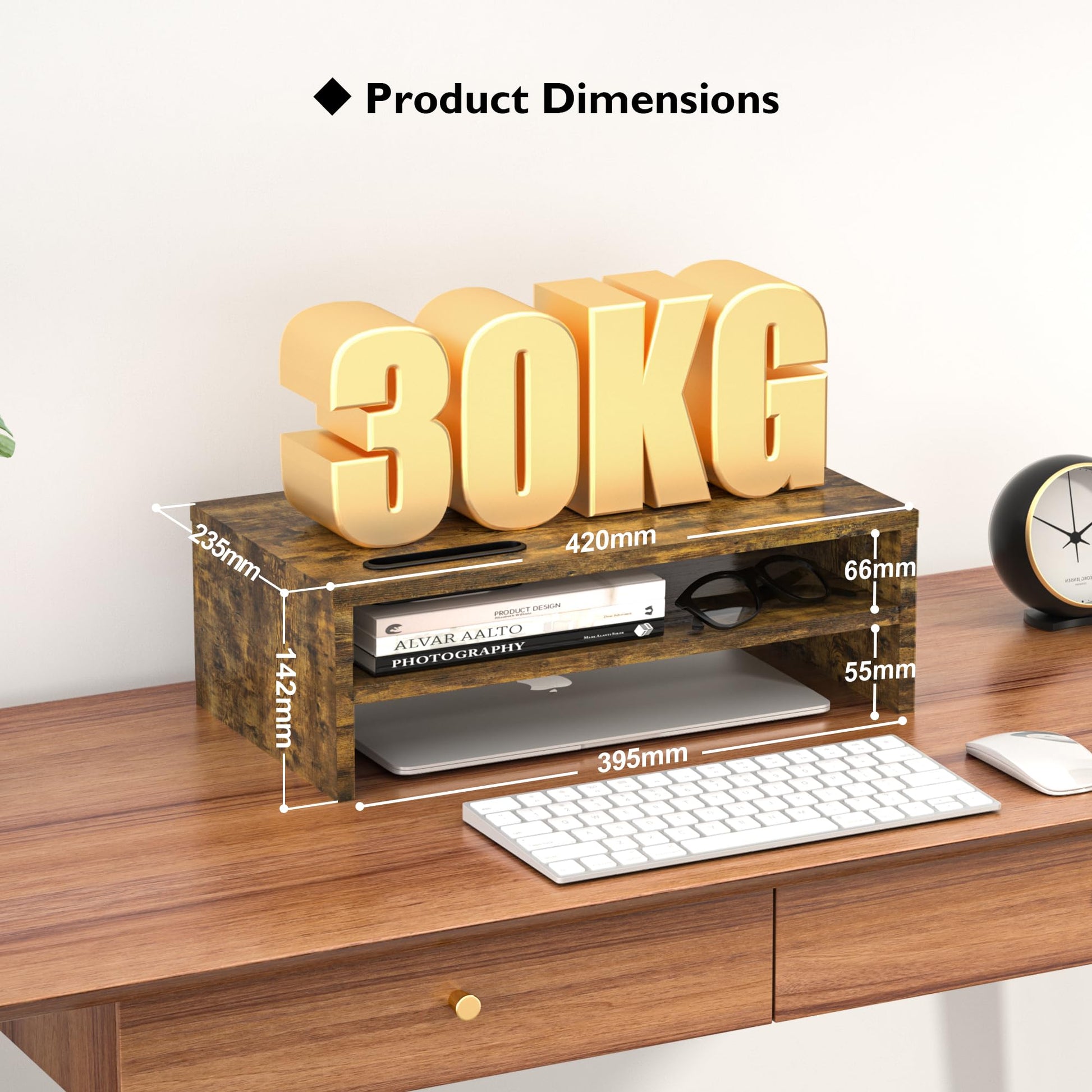 BONTEC Monitor Stand Riser White, 2 Tiers Wood Monitor Riser Stand with Storage Organizer, Desktop Ergonomic Monitor Stand Riser with Cellphone Holder and Cable Management, 16.5 Inch Desk Shelf