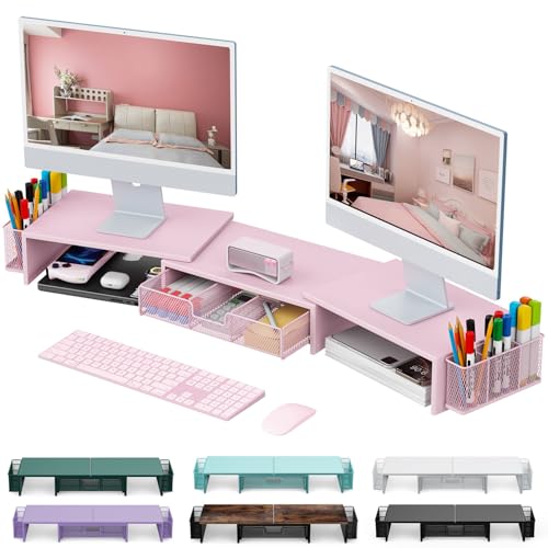 gianotter Dual Monitor Stand Riser, Desk Organizer With Drawer and 2 Pen Holders, Computer Monitor Stand, Desk Shelf for Top of Desk, Balck