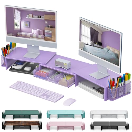 gianotter Dual Monitor Stand Riser, Desk Organizer With Drawer and 2 Pen Holders, Computer Monitor Stand, Desk Shelf for Top of Desk, Balck
