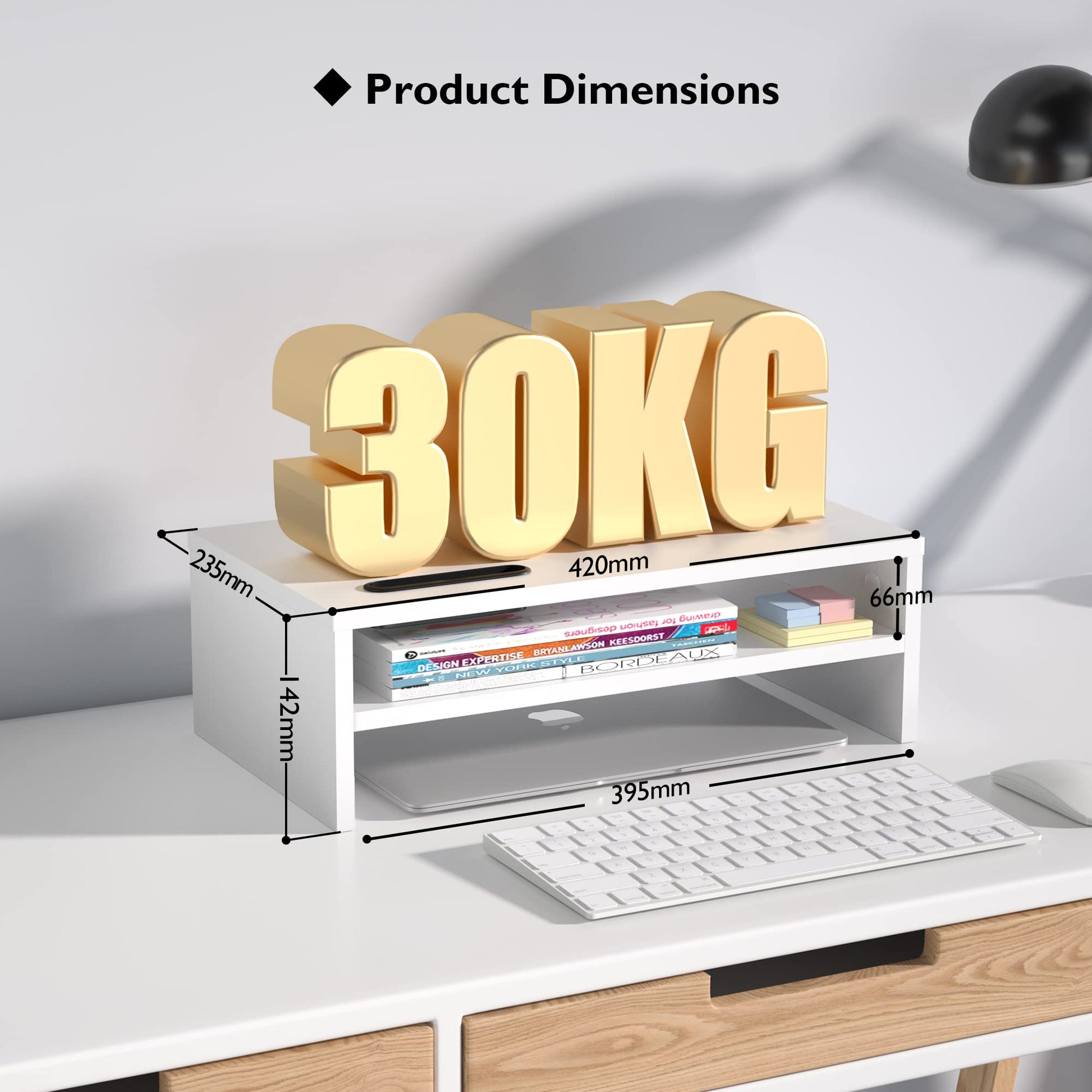 BONTEC Monitor Stand Riser White, 2 Tiers Wood Monitor Riser Stand with Storage Organizer, Desktop Ergonomic Monitor Stand Riser with Cellphone Holder and Cable Management, 16.5 Inch Desk Shelf