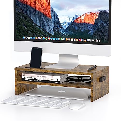BONTEC Monitor Stand Riser White, 2 Tiers Wood Monitor Riser Stand with Storage Organizer, Desktop Ergonomic Monitor Stand Riser with Cellphone Holder and Cable Management, 16.5 Inch Desk Shelf