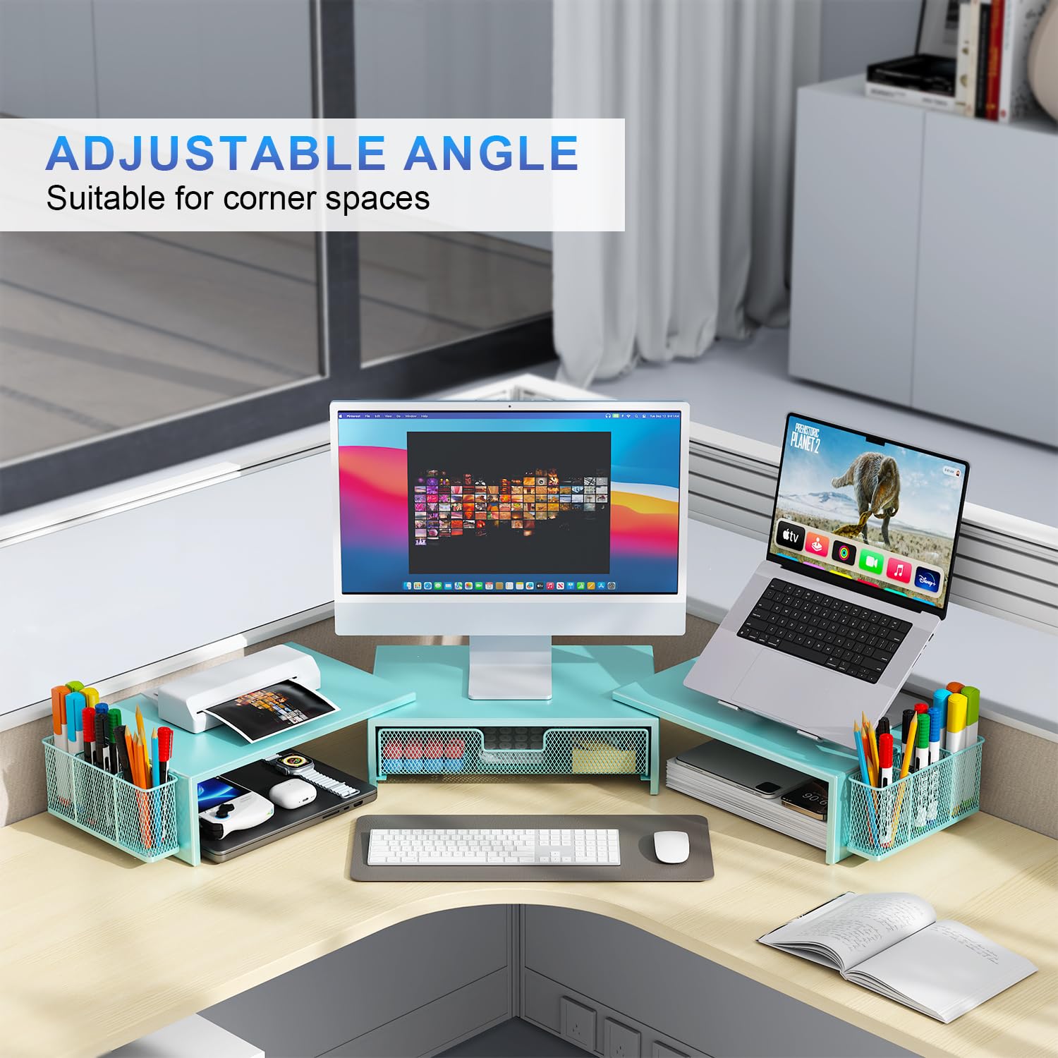 gianotter Dual Monitor Stand Riser, Desk Organizer With Drawer and 2 Pen Holders, Computer Monitor Stand, Desk Shelf for Top of Desk, Balck