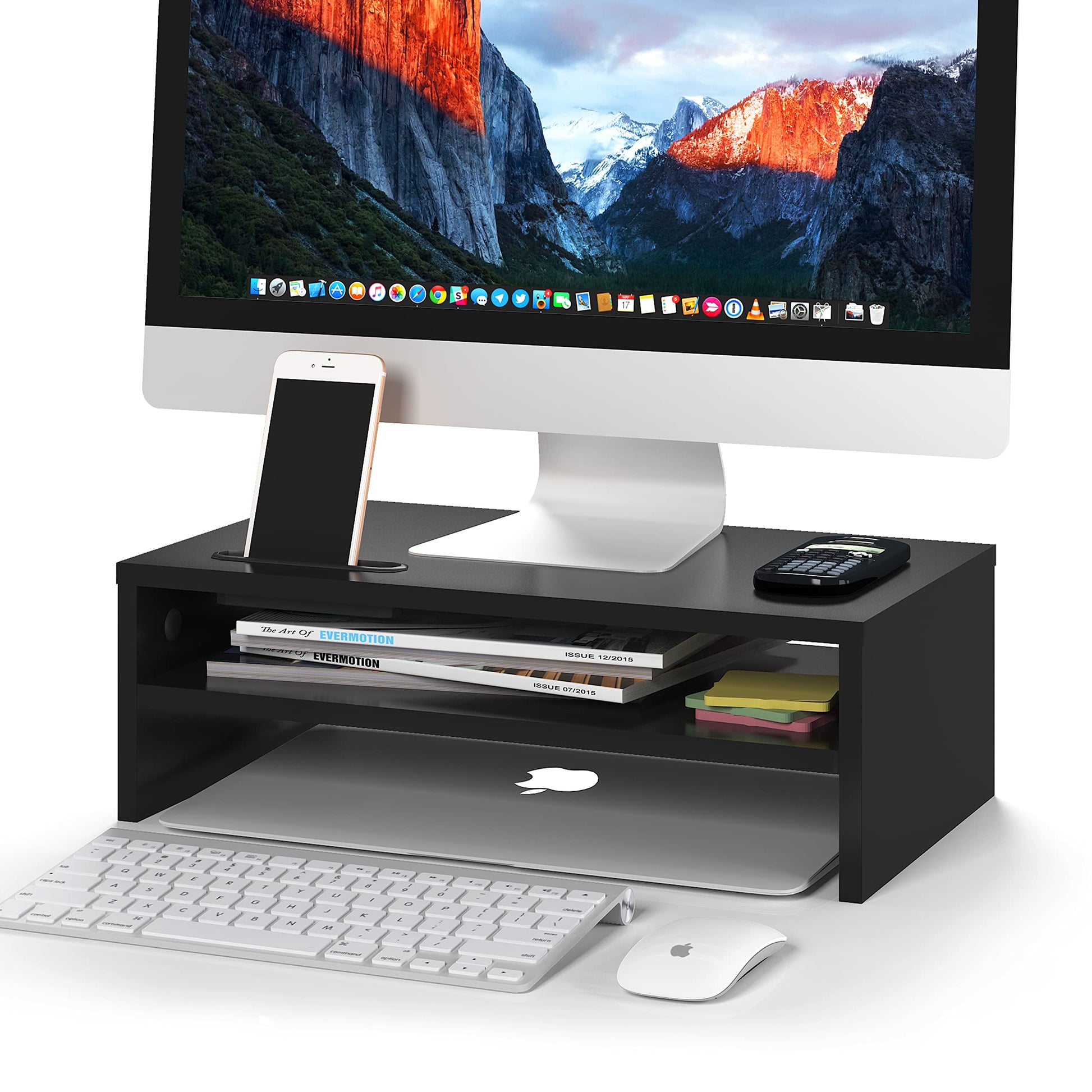 BONTEC Monitor Stand Riser White, 2 Tiers Wood Monitor Riser Stand with Storage Organizer, Desktop Ergonomic Monitor Stand Riser with Cellphone Holder and Cable Management, 16.5 Inch Desk Shelf