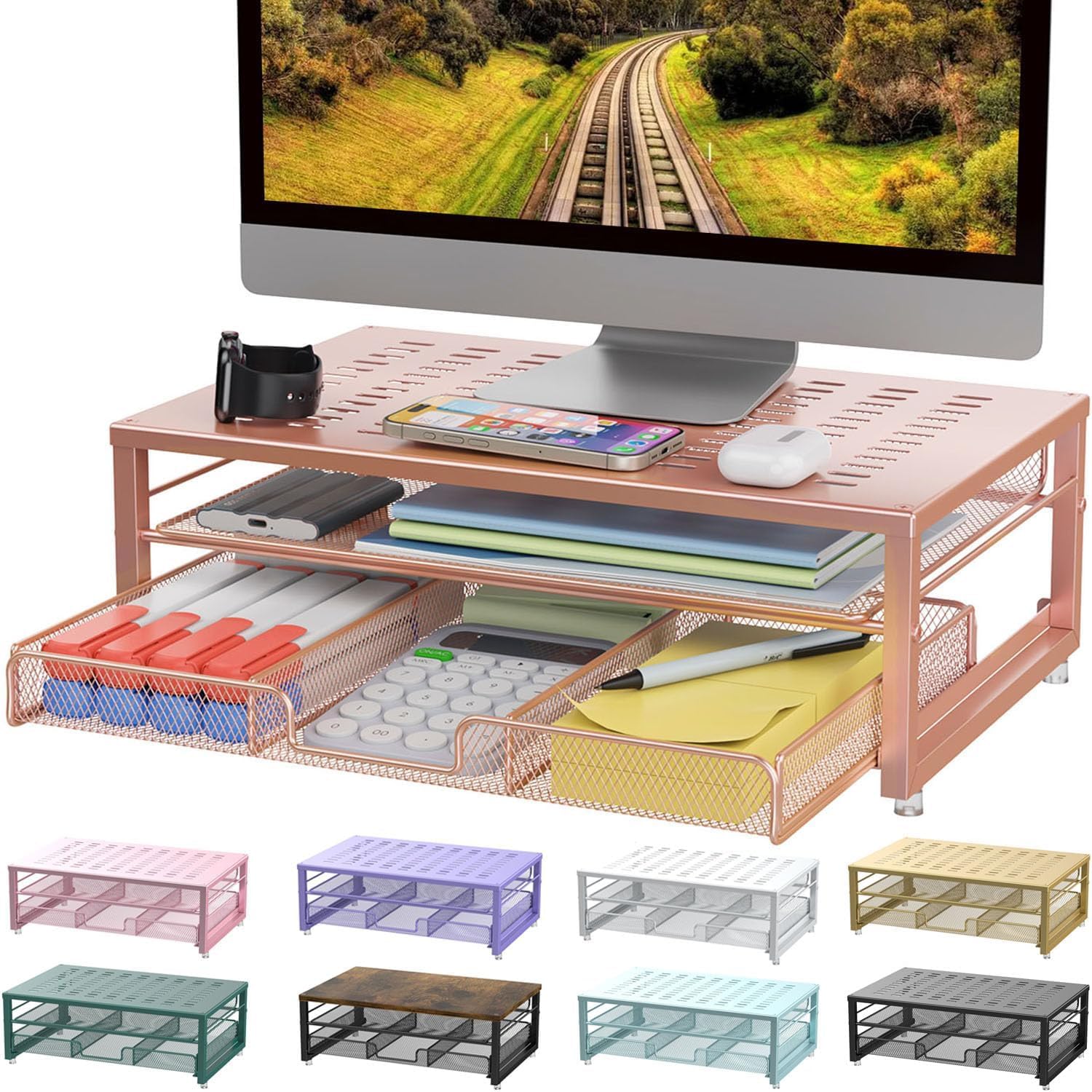 gianotter Computer Monitor Stand Riser, Desk Organizers and Accessories with Drawer, Office Desk Accessories &amp; Workspace Desktop Organizers Storage for Classroom Office Supplies (Black)